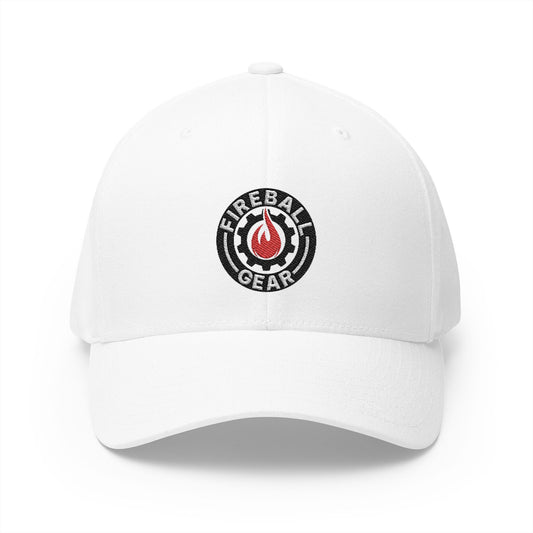 Fireball Gear - Brand Logo - Flame, Gear & Circle - Red, White & Black - FlexFit Cap