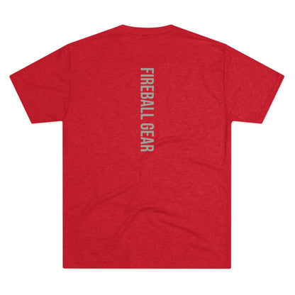 Fireball Gear - Camiseta unisex de mezcla triple gris y blanca con llamas y engranajes centrados
