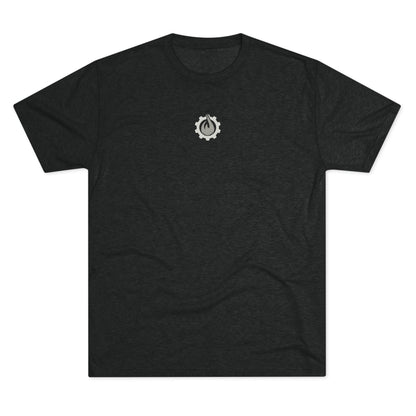 Fireball Gear - Camiseta unisex de mezcla triple gris y blanca con llamas y engranajes centrados