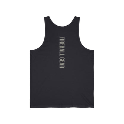 Camiseta sin mangas unisex Fireball Gear - Flame &amp; Gear - Gris y blanca